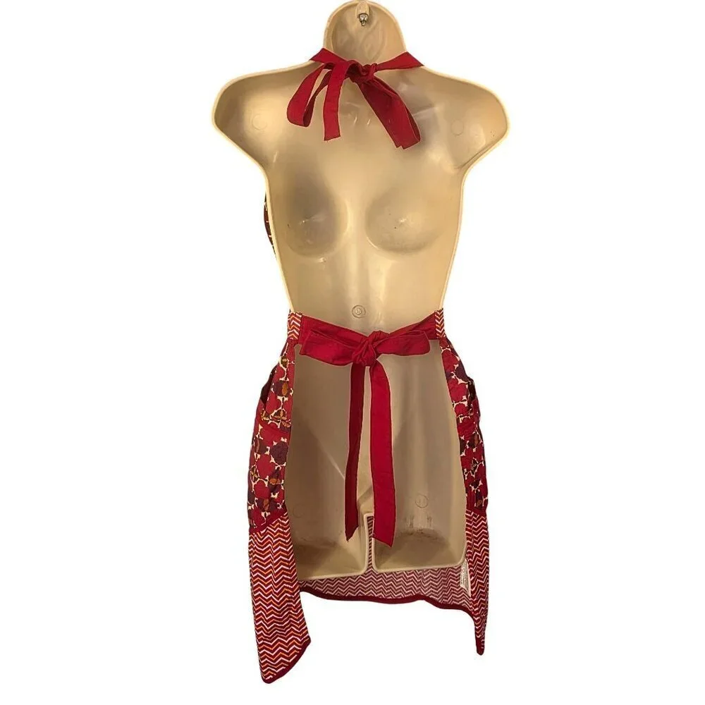 Simply EnVogue Wine Red Cotton Apron Women OS 3D Florette Applique Retro Kitchen